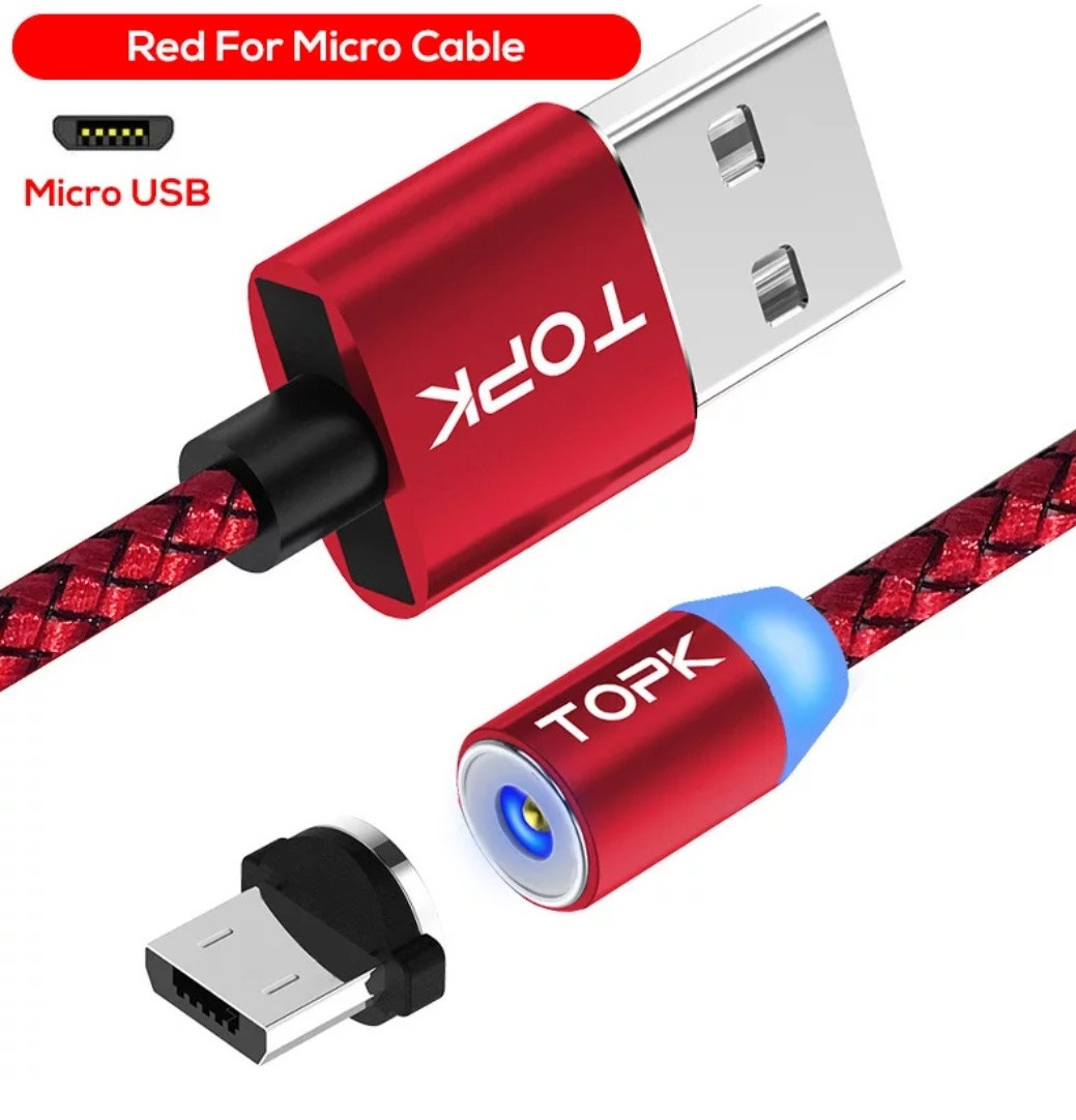 Червоний Магнітний Micro USB кабель TOPK з підсвіткою і круглим конектором