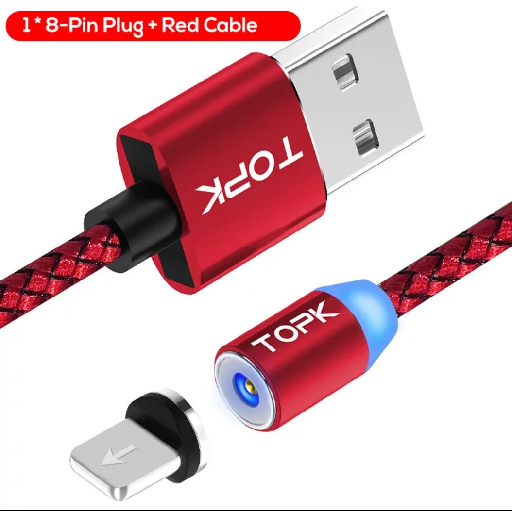 Червоний Магнітний Lightning USB кабель TOPK з підсвіткою для iphone