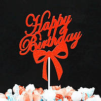 Топер з написом Happy Birthday для торта 11 на 13 см червоний