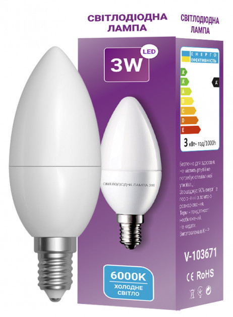 Лампа світлодіодна 3Вт E14 свічка 6000 K (V-103671)