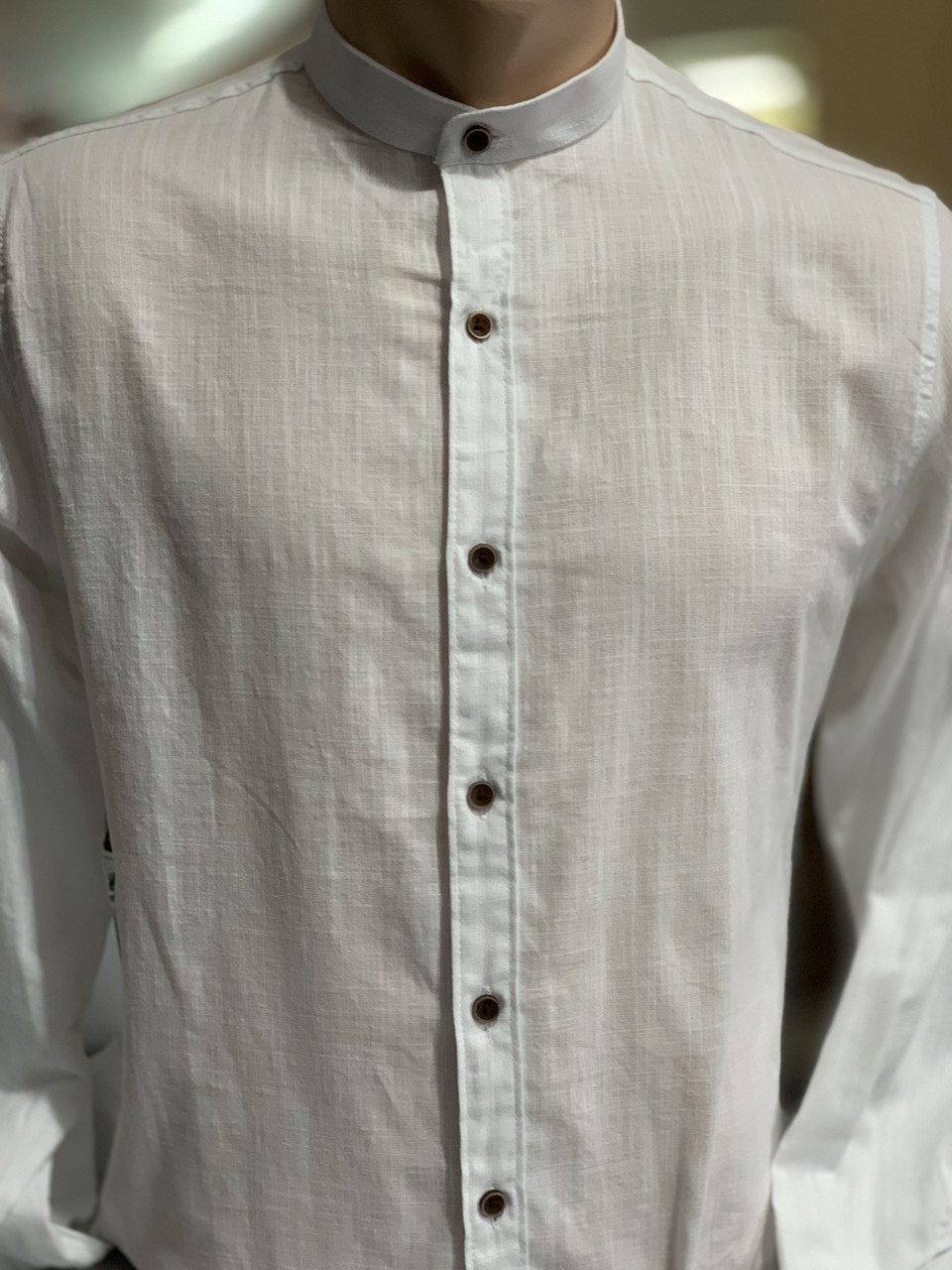 Мужская Льняная Белая Рубашка на Стойку. Slim Fit. Турция. Размер S ...