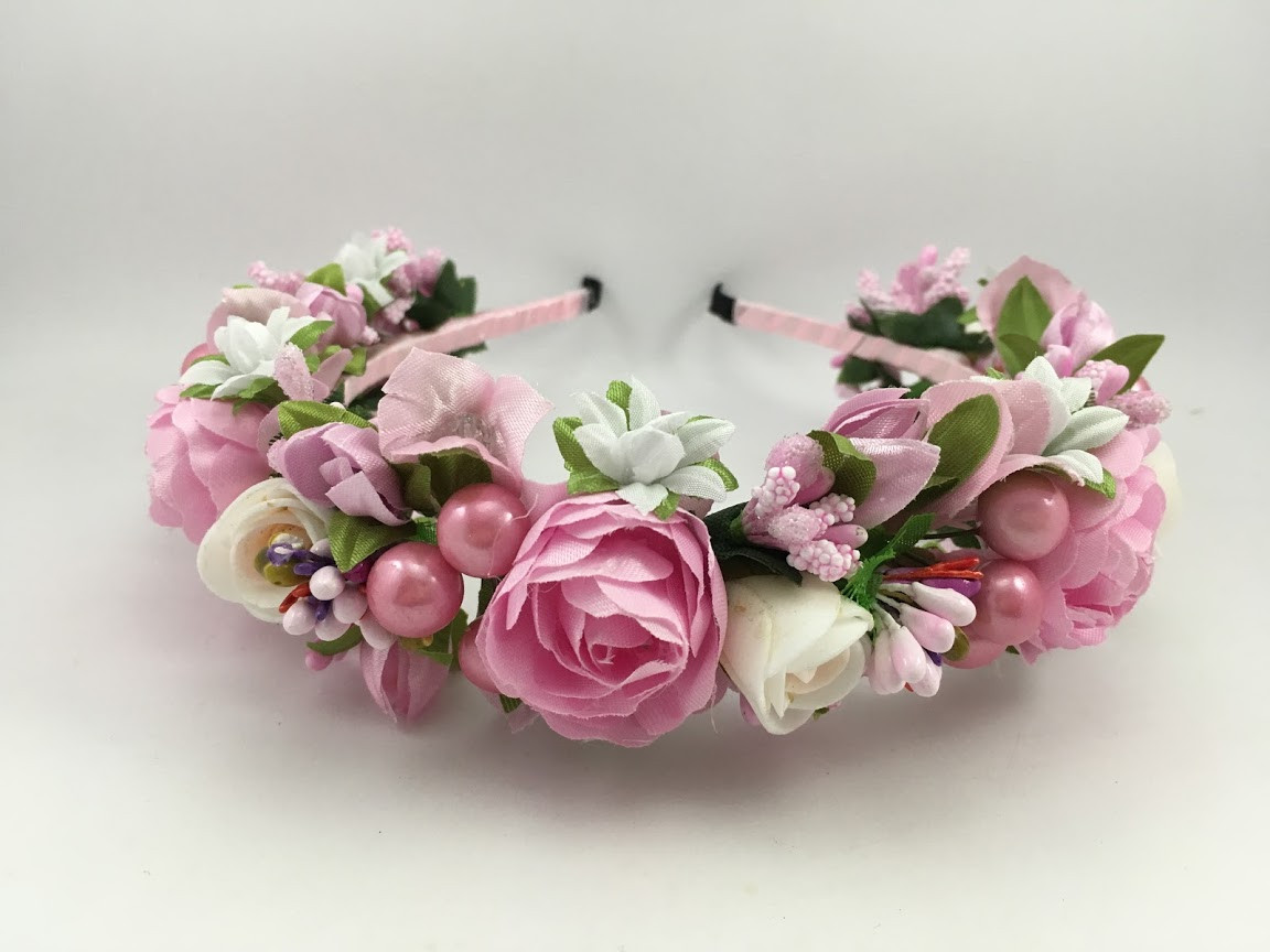 Віночок на голову з квітів рожевий, фото 1