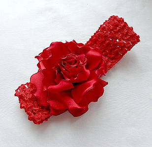Пов'язка червона ажурна на голову для малюків і підлітків з квітами з тканини ручної роботи "Червона Гвоздика"