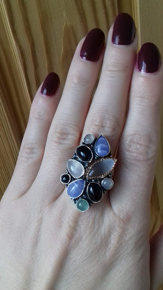 Срібне кільце з авантюрином, кварцом,оніком, агатом, фото 1