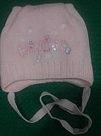 Шапка детская для девочки на завязках "Ушки" розовая, 40-42 размер.