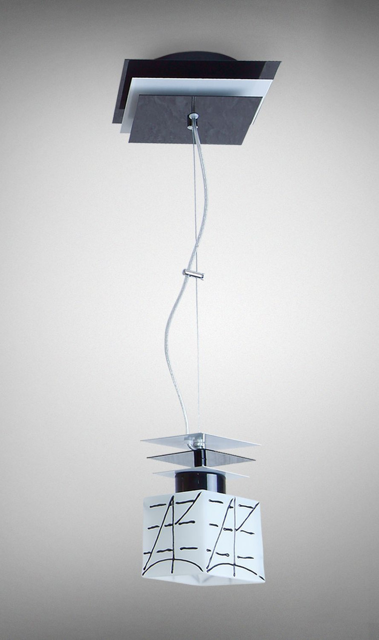 Люстра чорно-біла металева однолампова на тросах з білим кубиком, фото 1