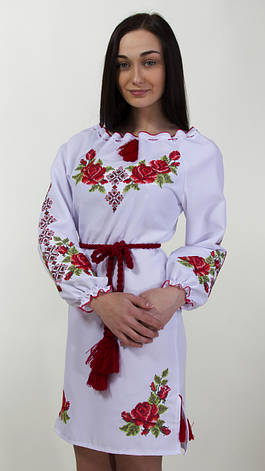 Плаття вишите жіноче на білому габардині з довгим рукавом, фото 2