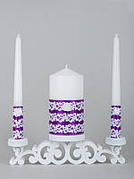 Свадебные свечи фиолетовые с белым кружевом