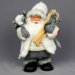Новорічна інтерактивна фігурка Дід Мороз в білому в'язаному одязі з подарунками та лижами, 25 см (230402)
