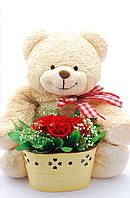 Пакет для подарунка великий вертикальний "Ведмедик з букетом" 25х37 см