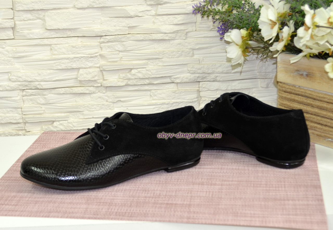 Туфли женские черные на шнуровке, низкий ход. Кожа питон и замш - фото 4 - id-p514650767