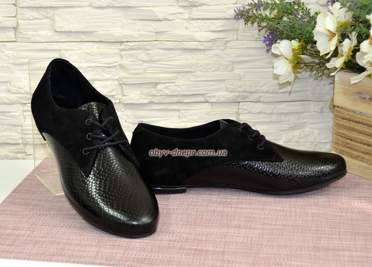 Туфли женские черные на шнуровке, низкий ход. Кожа питон и замш - фото 5 - id-p514650767