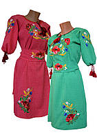 Вишите жіноче плаття на кольоровому льоні з рослинним орнаментом «Мак-волошка»