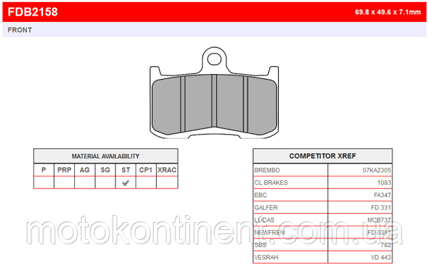 FDB2158ST ГАЛЬМІВНІ КОЛОДКИ FERODO аналог TRW MCB737 для SUZUKI GSX /VICTORY/TRIUMPH/KAWASAKI ZR800-ZR1000...