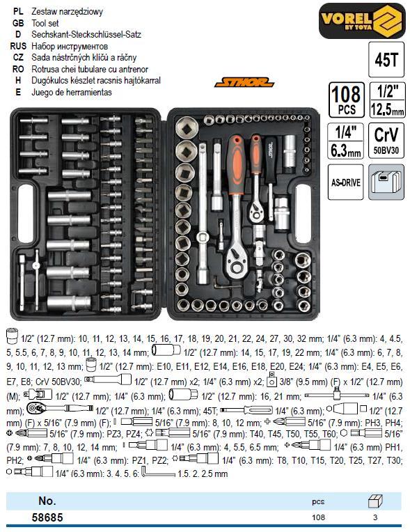 Набір головок торцевих STHOR 1/2" 108 штук VOREL-58685