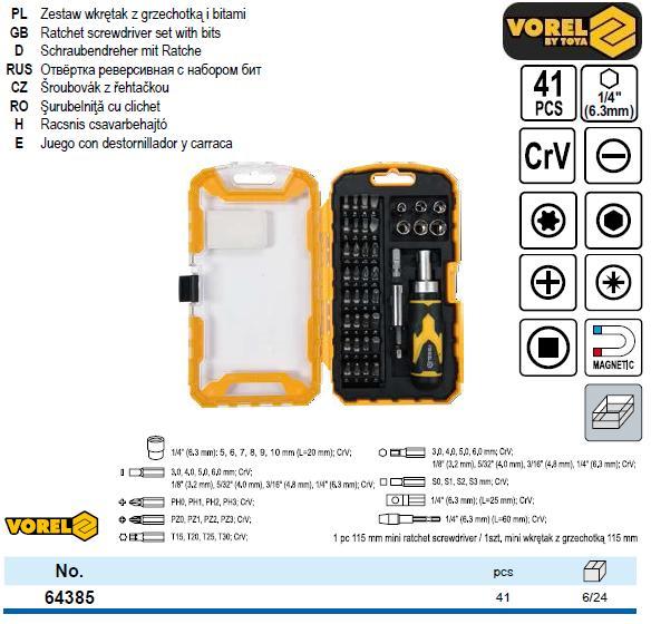 Набір викрутка реверс насадки Ø=1/4" 41 штука VOREL-64385