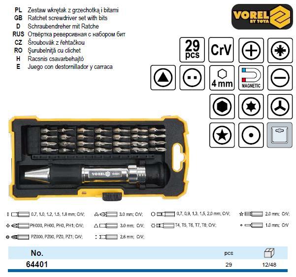 Набір викрутка міні тріскачка насадки 29 штук VOREL-64401