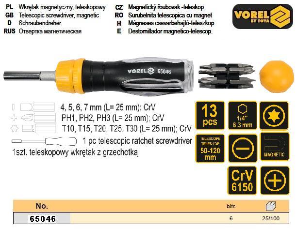 Викрутка з телескопічним магнітним тримачем VOREL : L=50-120 мм, з 12 насадками HEX-1/4"