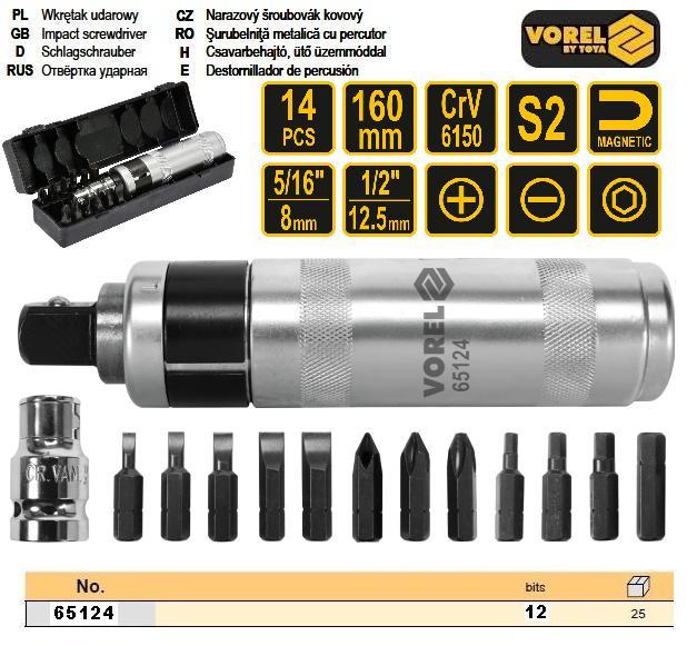 Набір викрутка ударна насадки 14 штук VOREL-65124