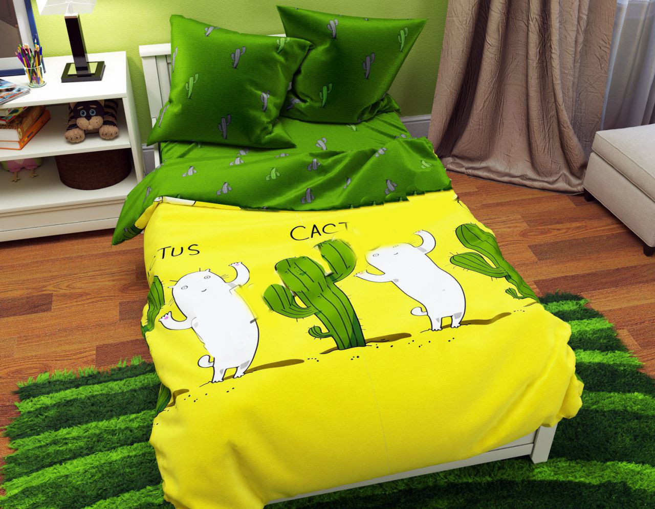 Комплект постільної білизни Кактуси зелене простирадло Бязь Gold Полуторний, Двоспальний, Євро, Сім'я, фото 1