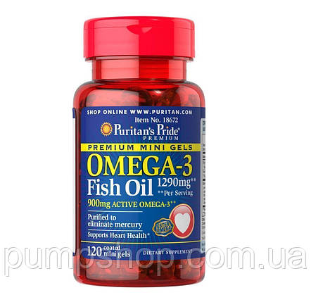 Жирні кислоти омега-3 Puritan's Pride Premium Mini Gels Omega-3 Fish Oil 1290 mg 120 капс., фото 2