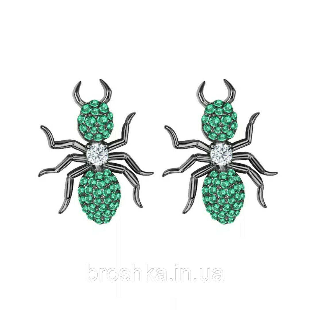 Сережки цвяхи мурахи з зеленими каменями біжутерія
