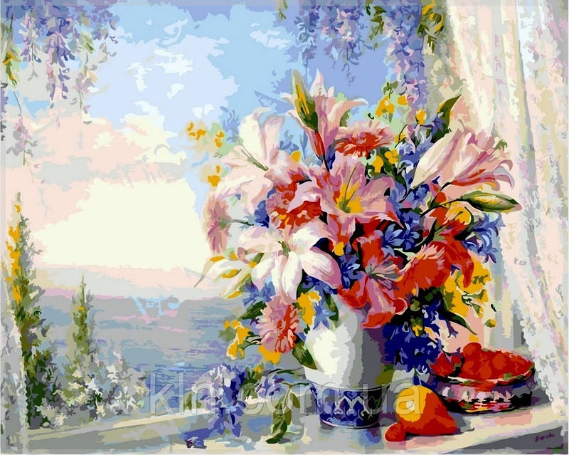 Картина за номерами Babylon Лілії на вікні з краєвидом на море VP330 40 х 50 см, фото 1
