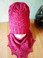 Комплект весна-осень, меринос на шелке, шапка с отворотом бини + ажурная косынка, красный