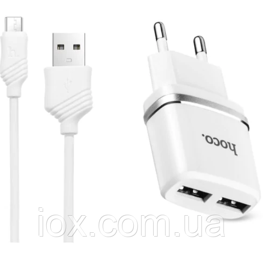 Зарядний пристрій Hoco C12A Smart Dual 2 USB + шнур usb micro біле