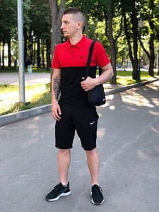 Костюм Футболка Поло чорна-червона + Шорти. Барсетка у подарунок! Nike (Найк)