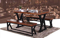Стол обеденный с лавками GoodsMetall из металла и дерева, Лофт "Рихард"