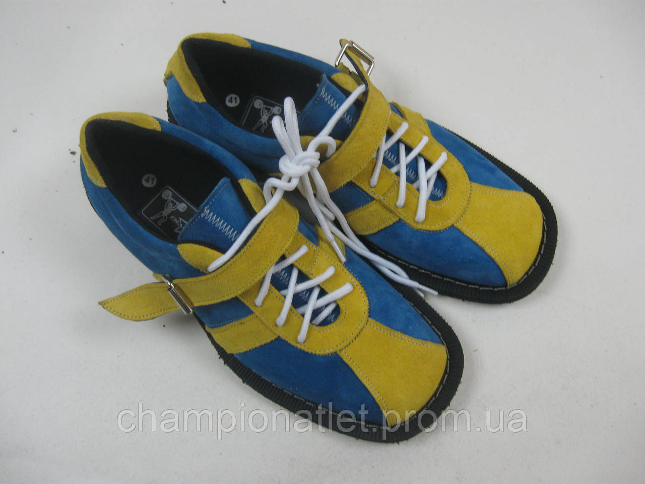 Штангети жовто-сині, замш.Для важкої атлетики.Виробництво — Україна.