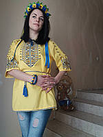 Вышиванка женская желтая домотканная ткань , вышивка трехцветная "Полуботок"