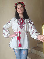 Вышиванка женская, белая или джинсовая, орнамент" Берегиня", домотканная ткань