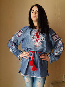 Вишиванка жіноча, біла або джинсова, орнамент" Берегиня", домотканная тканина червона вишивка ,льон