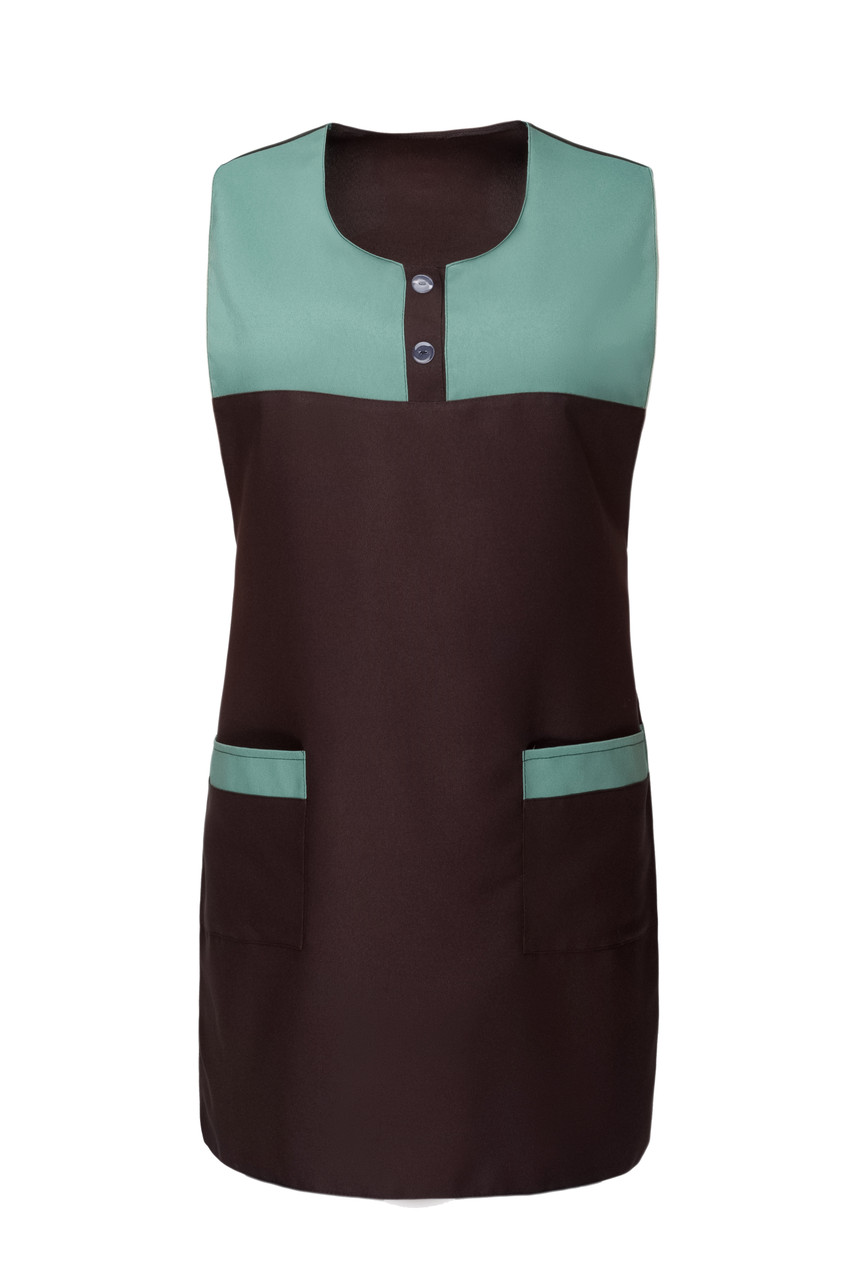 Фартух робочий жіночий коричневий двоколірний з кишенями без рукавів — уніформа для продавця, прибиральниці, майстра салону