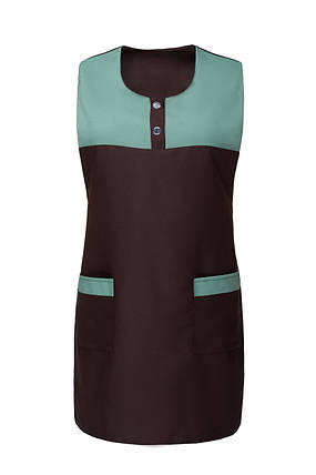 Фартух робочий жіночий коричневий двоколірний з кишенями без рукавів — уніформа для продавця, прибиральниці, майстра салону, фото 1