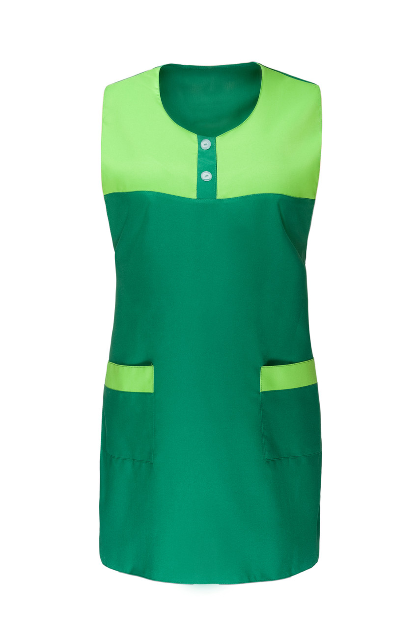 Фартух робочий жіночий зелений двоколірний з кишенями без рукавів — уніформа для продавця, прибиральниці, майстра салону