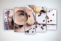 Картина модульная для обеденной зоны в кухне Чашка капучино, Кофе, Зерна, Макаруны 125х70см из 5 частей