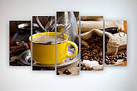 Сучасні ідеї для декору інтер'єру кухні Модульна картина Чашка кави Кавові зерна 125х70 з 5год