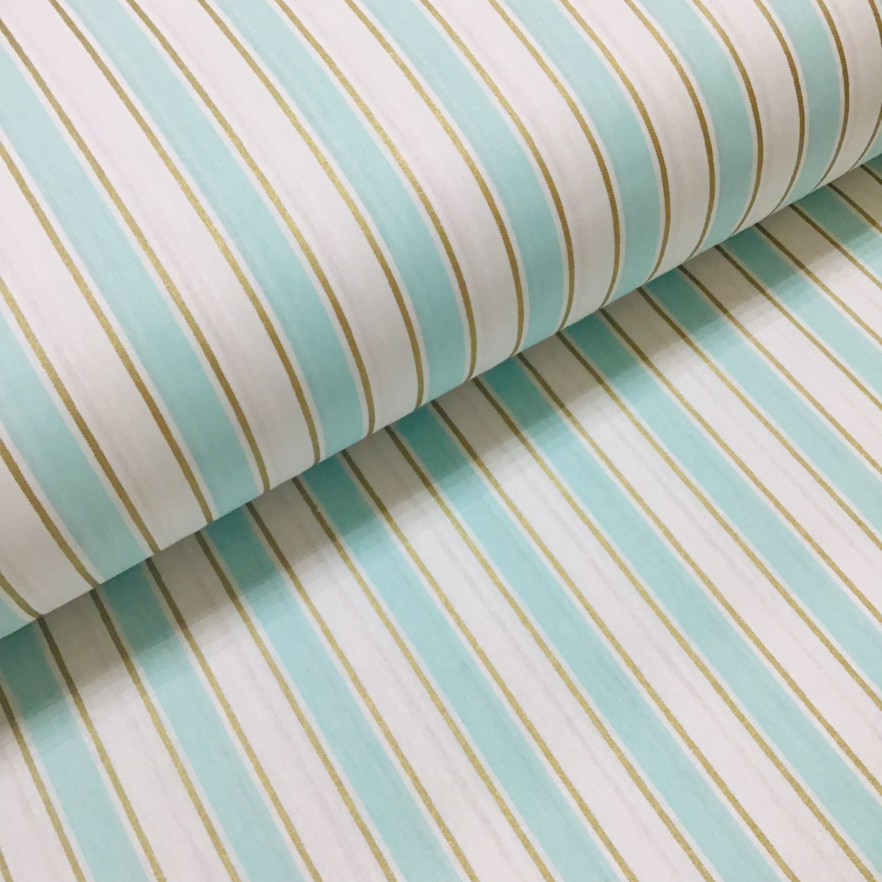 Тканина поплін смужка м'ятна із золотом (глітер) на білому (ТУРЦІЯ шир. 2,4 м) (R-FR-0220), фото 1