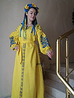 Платье женское с вышивкой " Княжна" длинное. Цвет желтый , материал домотканная ткань , крой рукава "бохо"