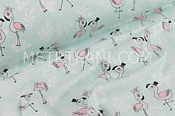 Бавовняна тканина "Світло-сірі фламінго в білих гілках" на ментоловій №1422