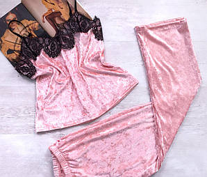Жіноча велюрова піжама майка з штанами персик