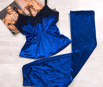 Жіноча велюрова піжама майка штани синя