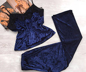 Жіноча велюрова піжама майка штани темно синій