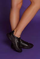 Женские летние кожаные кроссовки с перфорацией (черные)