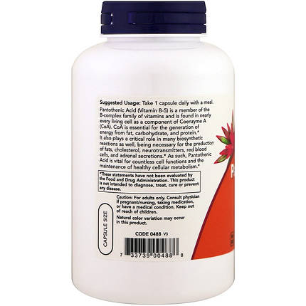 Пантотенова кислота NOW Foods Pantothenic Acid 500 mg 250 Caps (B-5), фото 4