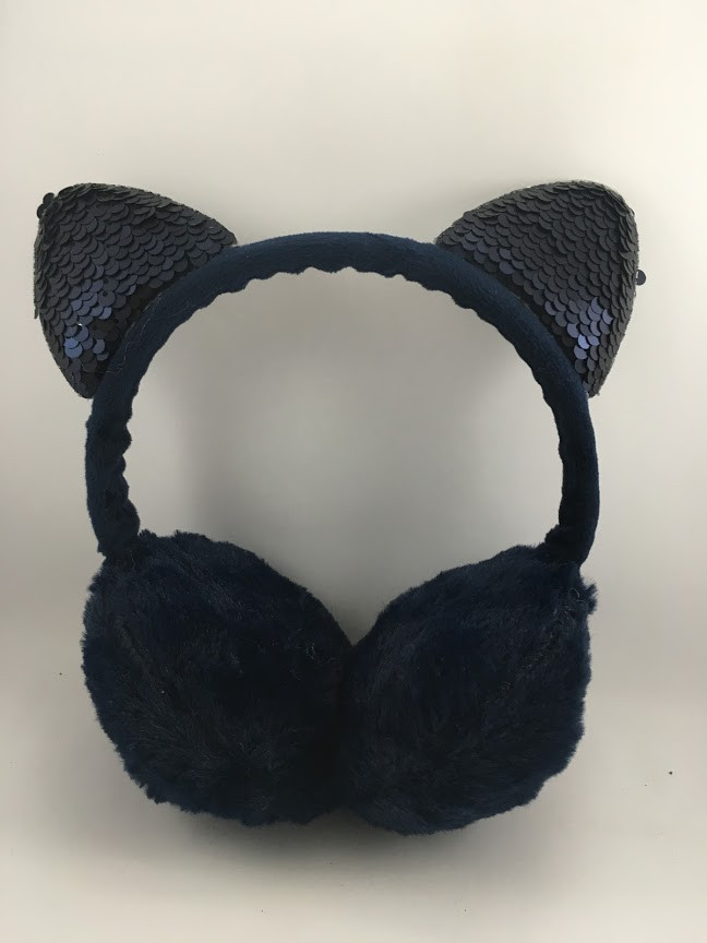 Хутряні навушники з вушками в пйаетки сині, фото 1