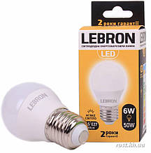 LED Лампа LEBRON L-G45 6W Е27 3000K 480LM м'яке світло 00-10-31